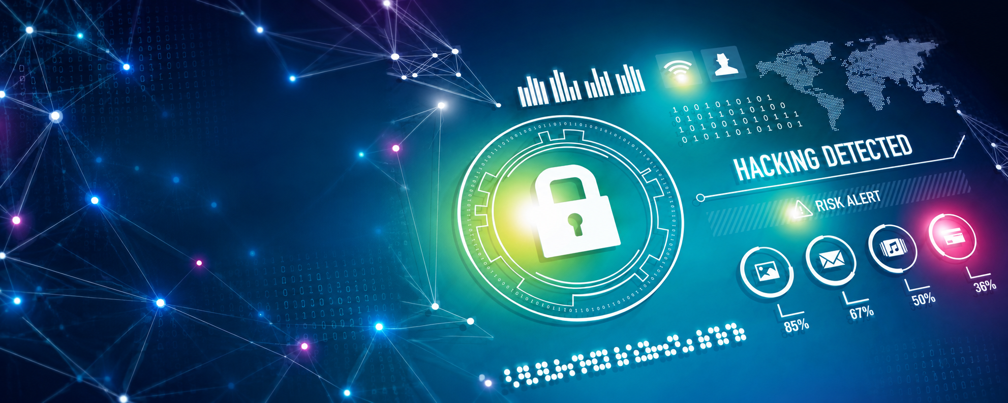 Cybersecurity illustration with a lock and network connections.